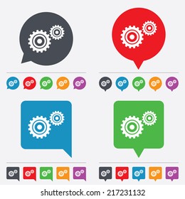 Cog settings sign icon. Cogwheel gear mechanism symbol. Speech bubbles information icons. 24 colored buttons. Vector