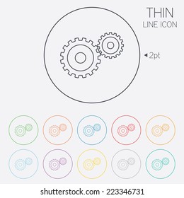 Cog settings sign icon. Cogwheel gear mechanism symbol. Thin line circle web icons with outline. Vector