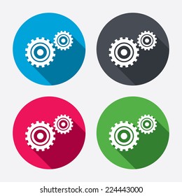 Cog settings sign icon. Cogwheel gear mechanism symbol. Circle buttons with long shadow. 4 icons set. Vector