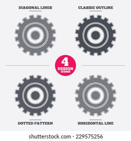 Cog settings sign icon. Cogwheel gear mechanism symbol. Diagonal and horizontal lines, classic outline, dotted texture. Pattern design icons.  Vector