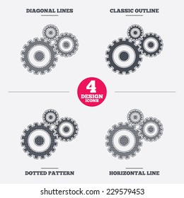 Cog settings sign icon. Cogwheel gear mechanism symbol. Diagonal and horizontal lines, classic outline, dotted texture. Pattern design icons.  Vector
