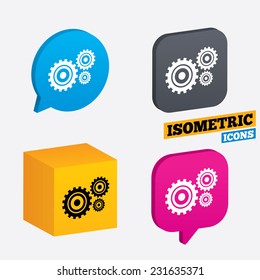 Cog settings sign icon. Cogwheel gear mechanism symbol. Isometric speech bubbles and cube. Rotated icons with edges. Vector