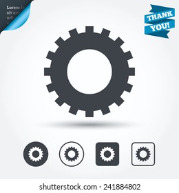 Cog settings sign icon. Cogwheel gear mechanism symbol. Circle and square buttons. Flat design set. Thank you ribbon. Vector