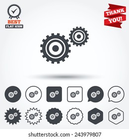 Cog settings sign icon. Cogwheel gear mechanism symbol. Circle, star, speech bubble and square buttons. Award medal with check mark. Thank you. Vector