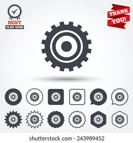 Cog settings sign icon. Cogwheel gear mechanism symbol. Circle, star, speech bubble and square buttons. Award medal with check mark. Thank you. Vector