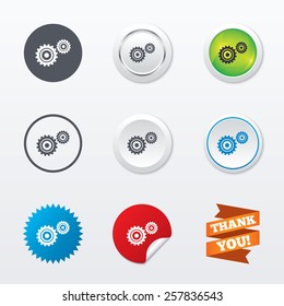 Cog settings sign icon. Cogwheel gear mechanism symbol. Circle concept buttons. Metal edging. Star and label sticker. Vector