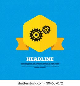 Cog settings sign icon. Cogwheel gear mechanism symbol. Yellow label tag. Circles seamless pattern on back. Vector