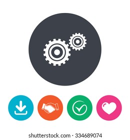Cog settings sign icon. Cogwheel gear mechanism symbol. Download arrow, handshake, tick and heart. Flat circle buttons.