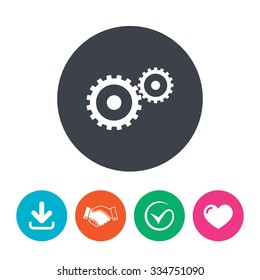 Cog settings sign icon. Cogwheel gear mechanism symbol. Download arrow, handshake, tick and heart. Flat circle buttons.