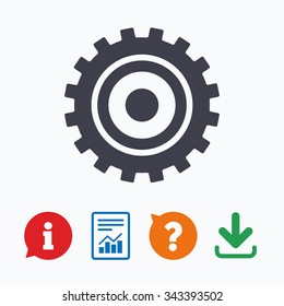 Cog settings sign icon. Cogwheel gear mechanism symbol. Information think bubble, question mark, download and report.
