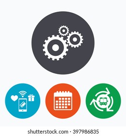 Cog settings sign icon. Cogwheel gear mechanism symbol. Mobile payments, calendar and wifi icons. Bus shuttle.