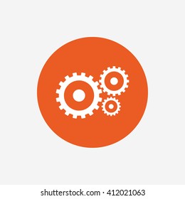 Cog settings sign icon. Cogwheel gear mechanism symbol. Orange circle button with icon. Vector