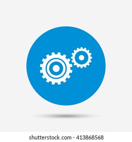 Cog settings sign icon. Cogwheel gear mechanism symbol. Blue circle button with icon. Vector