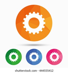 Cog settings sign icon. Cogwheel gear mechanism symbol. Triangular low poly button with flat icon. Vector