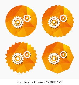 Cog settings sign icon. Cogwheel gear mechanism symbol. Triangular low poly buttons with flat icon. Vector