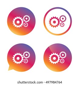 Cog settings sign icon. Cogwheel gear mechanism symbol. Gradient buttons with flat icon. Speech bubble sign. Vector