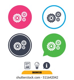 Cog settings sign icon. Cogwheel gear mechanism symbol. Report document, information sign and light bulb icons. Vector