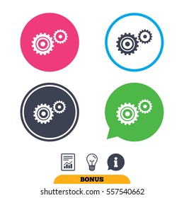 Cog settings sign icon. Cogwheel gear mechanism symbol. Report document, information sign and light bulb icons. Vector