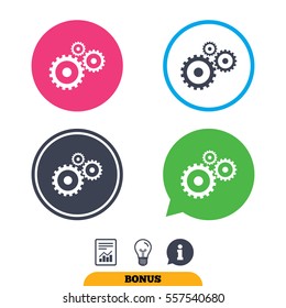 Cog settings sign icon. Cogwheel gear mechanism symbol. Report document, information sign and light bulb icons. Vector