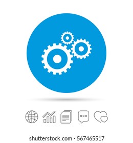 Cog settings sign icon. Cogwheel gear mechanism symbol. Copy files, chat speech bubble and chart web icons. Vector
