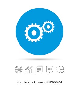 Cog settings sign icon. Cogwheel gear mechanism symbol. Copy files, chat speech bubble and chart web icons. Vector