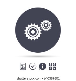 Cog settings sign icon. Cogwheel gear mechanism symbol. Report document, information and check tick icons. Currency exchange. Vector