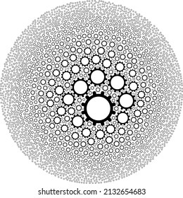 Die Cog-Zeichen sind in eine Kreiskollektion eingeteilt. Cog-Ikone Blase Mosaik. Das Mosaik der Abstraktion aus sphärischem Blasenmosaik ist mit Gegenständen aus dem Zahnfleisch organisiert.