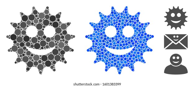 Cog smile composition of spheric dots in variable sizes and color tones, based on cog smile icon. Vector filled circles are composed into blue composition.