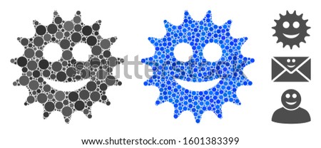 Cog smile composition of spheric dots in variable sizes and color tones, based on cog smile icon. Vector filled circles are composed into blue composition.