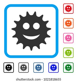 Cog Smile icon. Flat grey iconic symbol in a blue rounded square. Black, gray, green, blue, red, orange color variants of Cog Smile vector. Designed for web and software user interface.