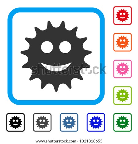 Cog Smile icon. Flat grey iconic symbol in a blue rounded square. Black, gray, green, blue, red, orange color variants of Cog Smile vector. Designed for web and software user interface.
