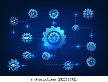 Cog technology background Multiple sizes with technical icons It conveys the propulsion of technology, helping the development of science, industry, and new businesses. Let the economy and people grow