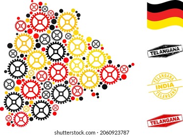 Cog Collage del mapa del estado de Telangana y sellos. Collage vectorial creado a partir de objetos de cog de varios tamaños, y colores oficiales de la bandera alemana - rojo, amarillo, negro.