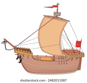 Cog, traditional sailing ship during the Hanseatic period, isolated illustration