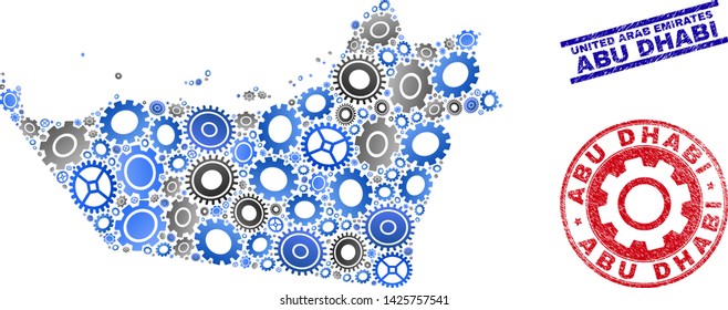 Cog vector Abu Dhabi Emirate map composition and seals. Abstract Abu Dhabi Emirate map is created from gradient randomized gearwheels. Engineering territory plan in gray and blue colors,