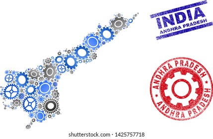 Cog vector Andhra Pradesh State map collage and seals. Abstract Andhra Pradesh State map is designed of gradient random gearwheels. Engineering geographic plan in gray and blue colors,