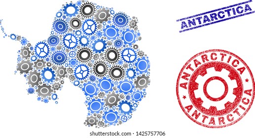 Cog vector Antarctica continent map mosaic and seals. Abstract Antarctica continent map is designed with gradiented randomized gearwheels. Engineering geographic scheme in gray and blue colors,