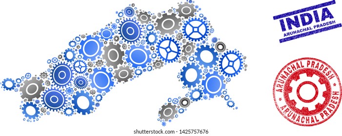 Cog vector Arunachal Pradesh State map composition and stamps. Abstract Arunachal Pradesh State map is organized with gradiented random cogwheels. Engineering territory scheme in gray and blue colors,