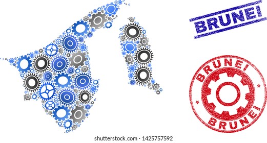 Cog vector Brunei map collage and seals. Abstract Brunei map is constructed of gradient random gears. Engineering geographic plan in gray and blue colors, and blue and red rounded and lines seals,