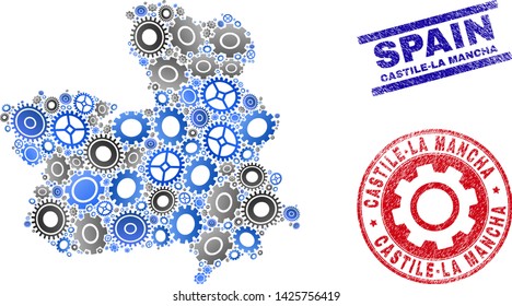 Cog vector Castile-La Mancha Province map collage and seals. Abstract Castile-La Mancha Province map is composed with gradient scattered cogwheels.