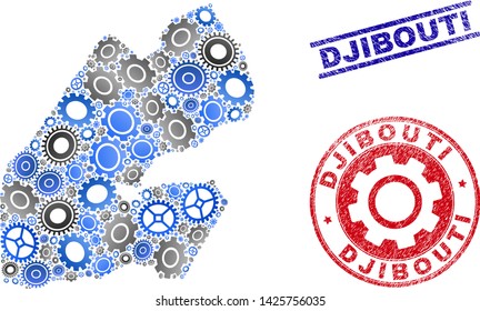 Cog vector Djibouti map composition and seals. Abstract Djibouti map is organized with gradiented random cogs. Engineering geographic scheme in gray and blue colors,