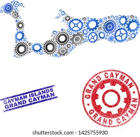 Cog vector Grand Cayman Island map composition and seals. Abstract Grand Cayman Island map is done with gradiented random gear wheels. Engineering territory scheme in gray and blue colors,