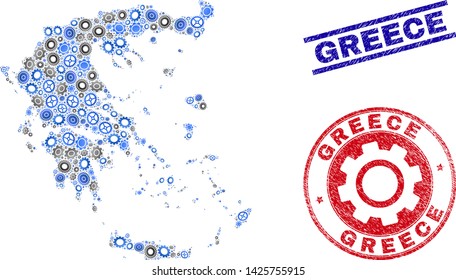 Cog vector Greece map mosaic and seals. Abstract Greece map is done with gradient scattered gear wheels. Engineering territorial plan in gray and blue colors, and blue and red rounded and lines seals,