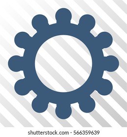 Cog vector icon. Illustration style is flat iconic blue symbol on a hatched transparent background.