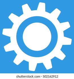 Cog vector icon. Style is flat graphic symbol, white color, blue background.