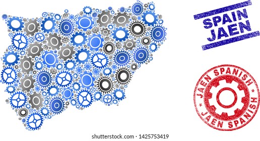 Cog vector Jaen Spanish Province map mosaic and seals. Abstract Jaen Spanish Province map is done with gradiented scattered gears. Engineering territorial plan in gray and blue colors,