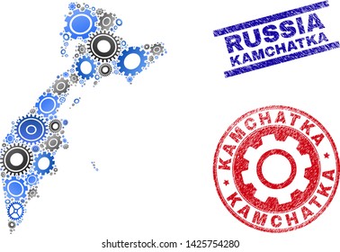 Cog vector Kamchatka map mosaic and seals. Abstract Kamchatka map is done with gradient scattered cogwheels. Engineering geographic scheme in gray and blue colors,