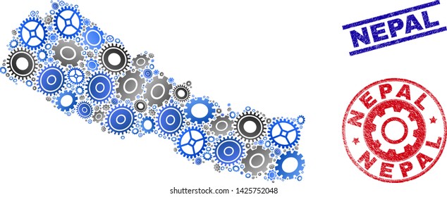 Cog vector Nepal map collage and seals. Abstract Nepal map is designed with gradient randomized cogwheels. Engineering territory plan in gray and blue colors, and blue and red rounded and lines seals,