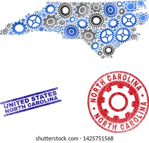 Cog vector North Carolina State map composition and stamps. Abstract North Carolina State map is done from gradient randomized cogs. Engineering territory plan in gray and blue colors,