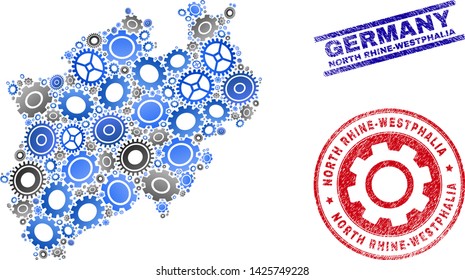 Cog vector North Rhine-Westphalia Land map mosaic and stamps. Abstract North Rhine-Westphalia Land map is composed from gradiented random gearwheels.